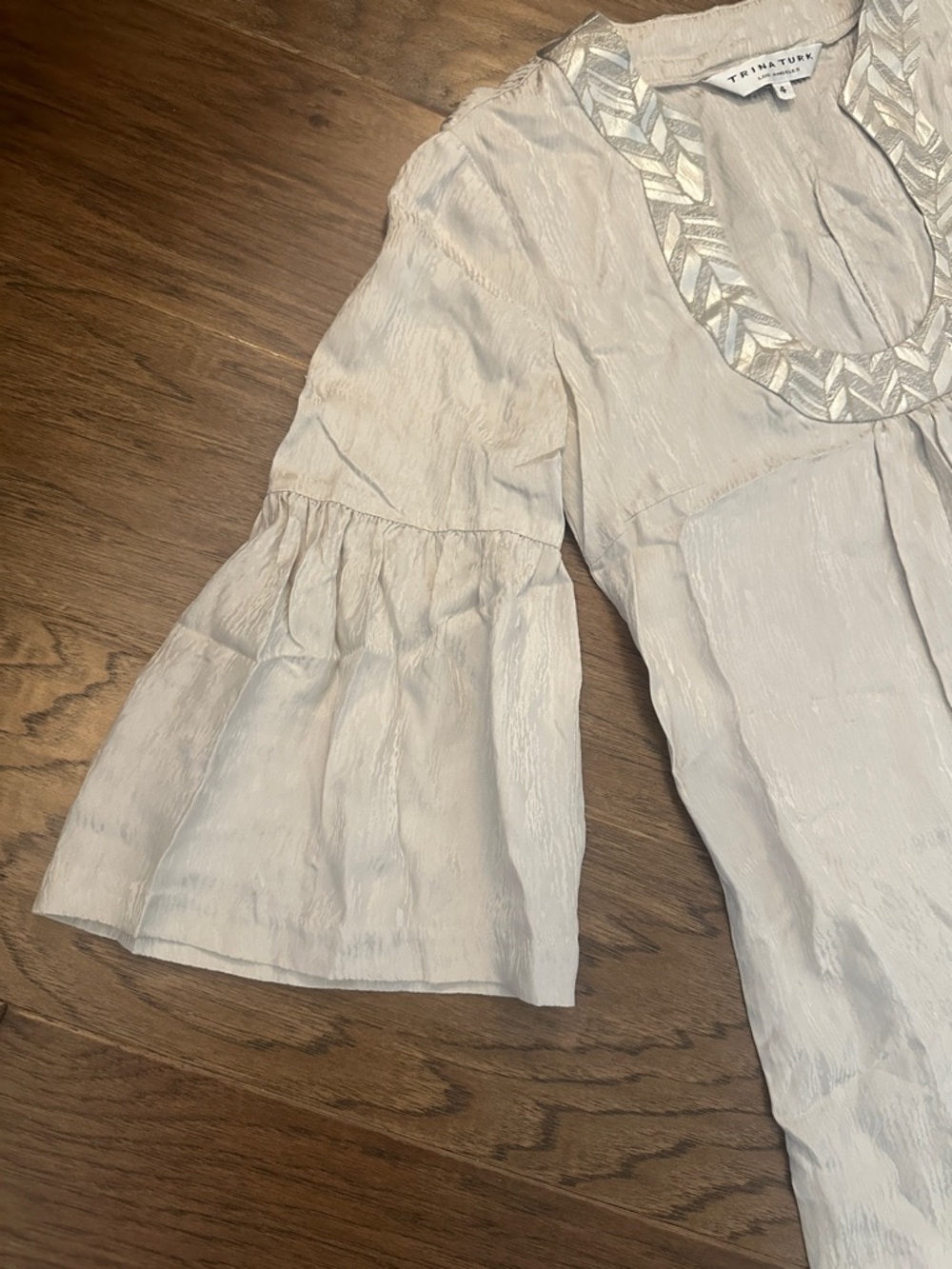 Trina Turk Size 4 Silk Metallic Shimmer embroidered Bell Sleeve Tunic Dress - Picture 4 of 8